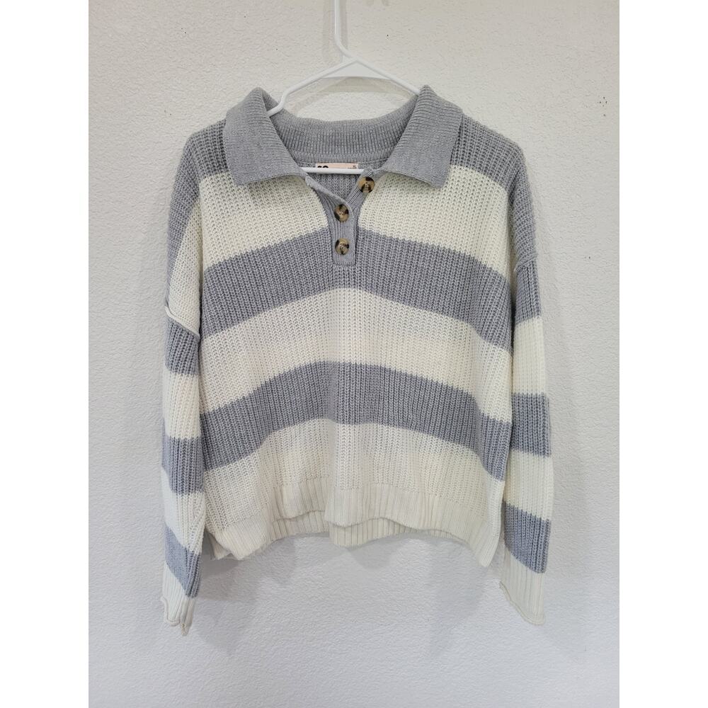 So Women's Striped Collared Sweater Gray / Cream Size XL Super Soft #14‎